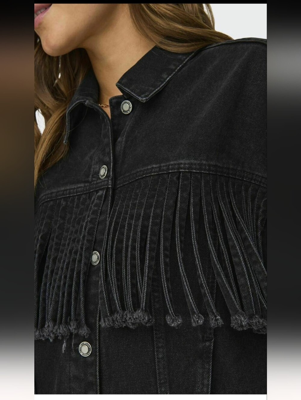 Wild Honey Black Fringe-Trim Crop Denim Jacket